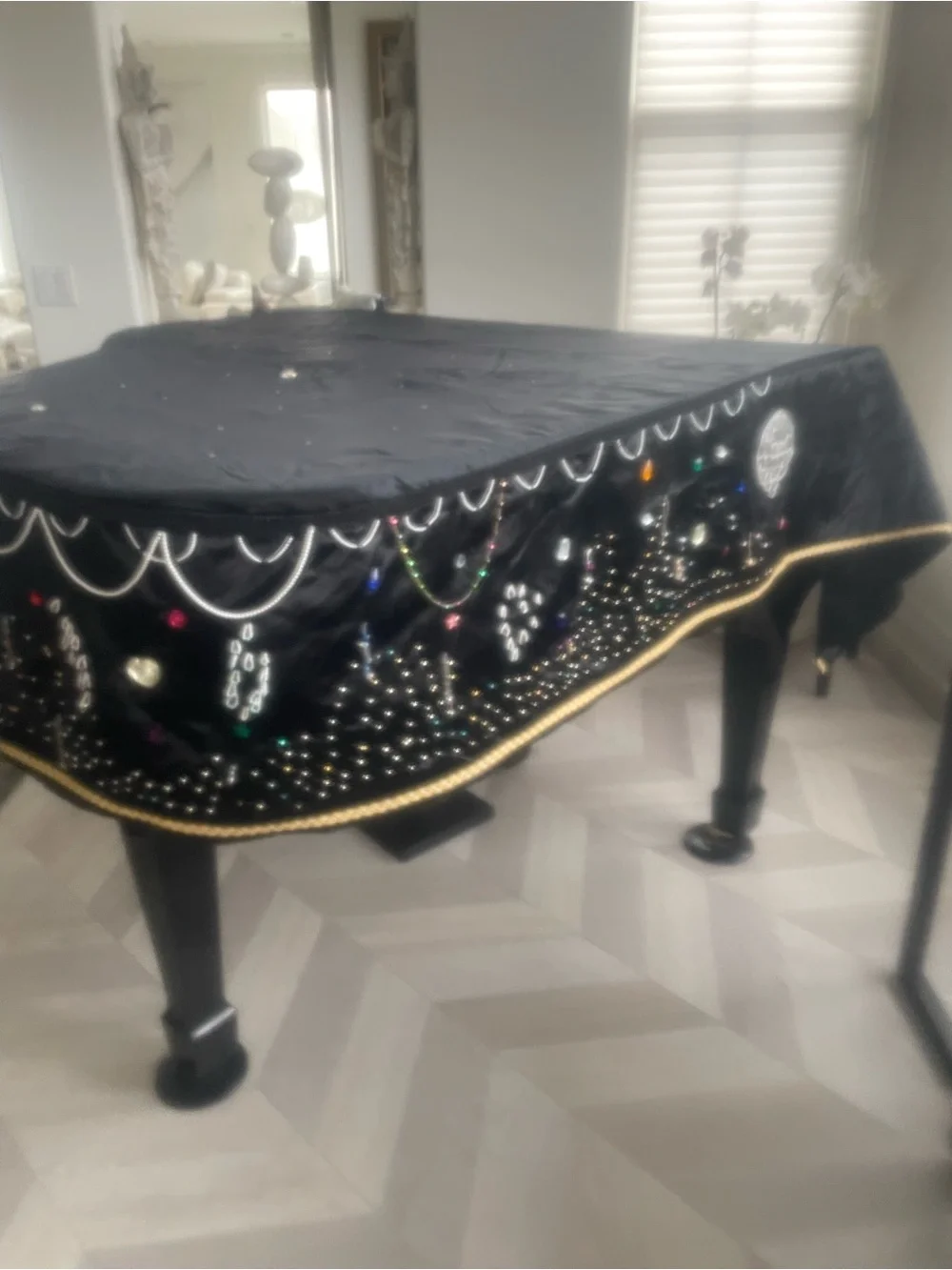 Black Embellished Grand Piano Cover - Decorative Beaded Design by hand